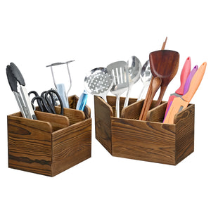 Set of 2 Rustic Wooden Utensil Holders with 3 Compartments for Kitchen Counter