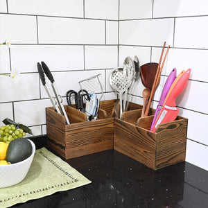 Set of 2 Rustic Wooden Utensil Holders with 3 Compartments for Kitchen Counter