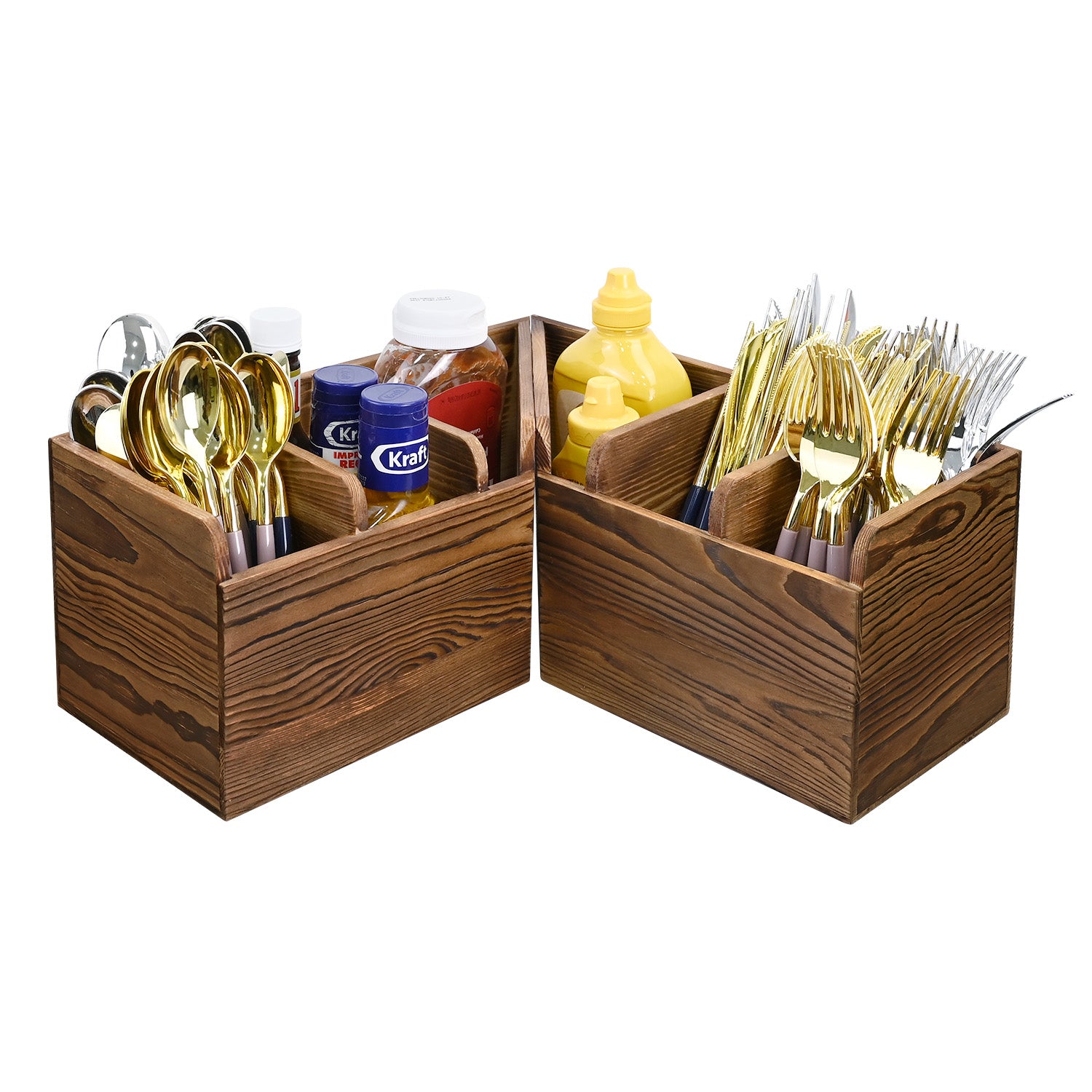 Set of 2 Rustic Wooden Utensil Holders with 3 Compartments for Kitchen Counter