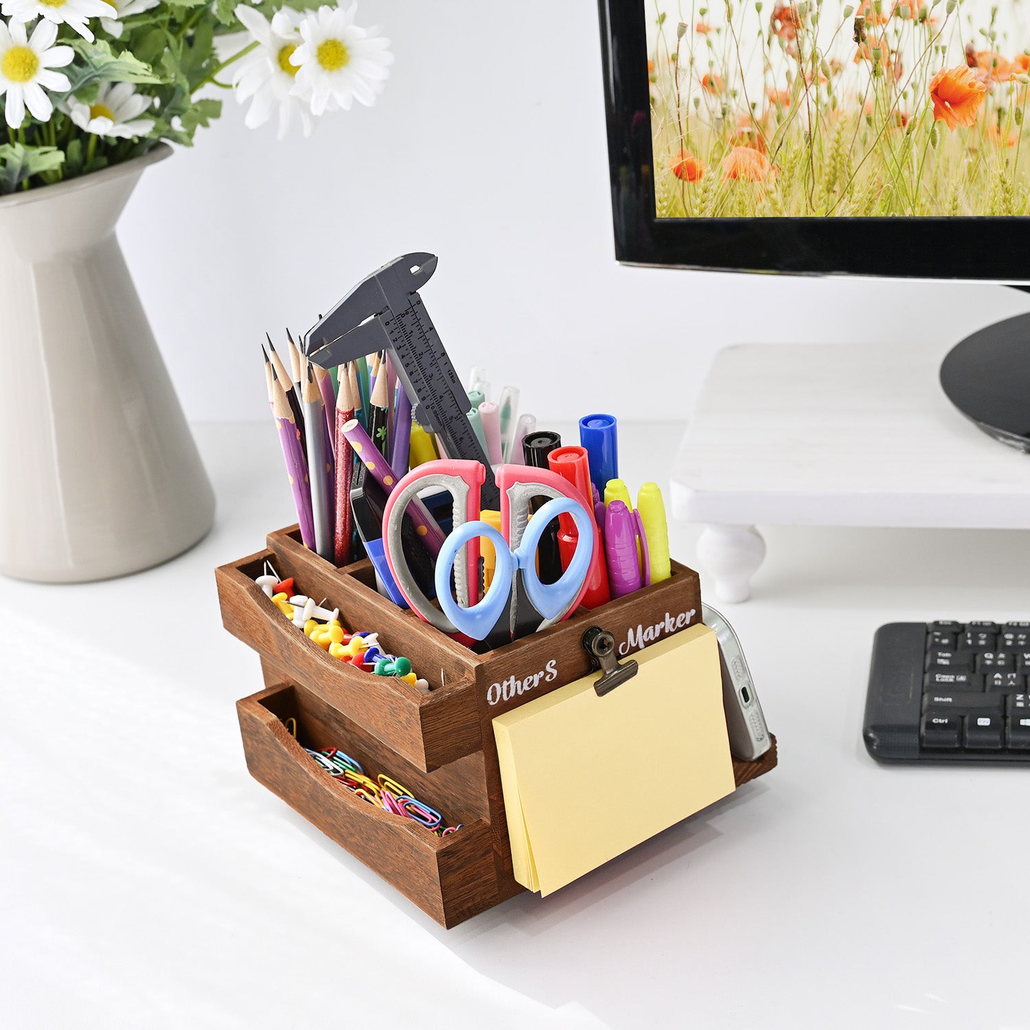  360-degree Rotating Pen Holder for Desk, Desk Organizers and Accessories with 7 Compartments