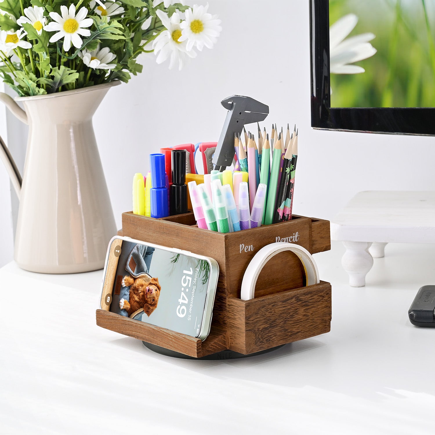  360-degree Rotating Pen Holder for Desk, Desk Organizers and Accessories with 7 Compartments