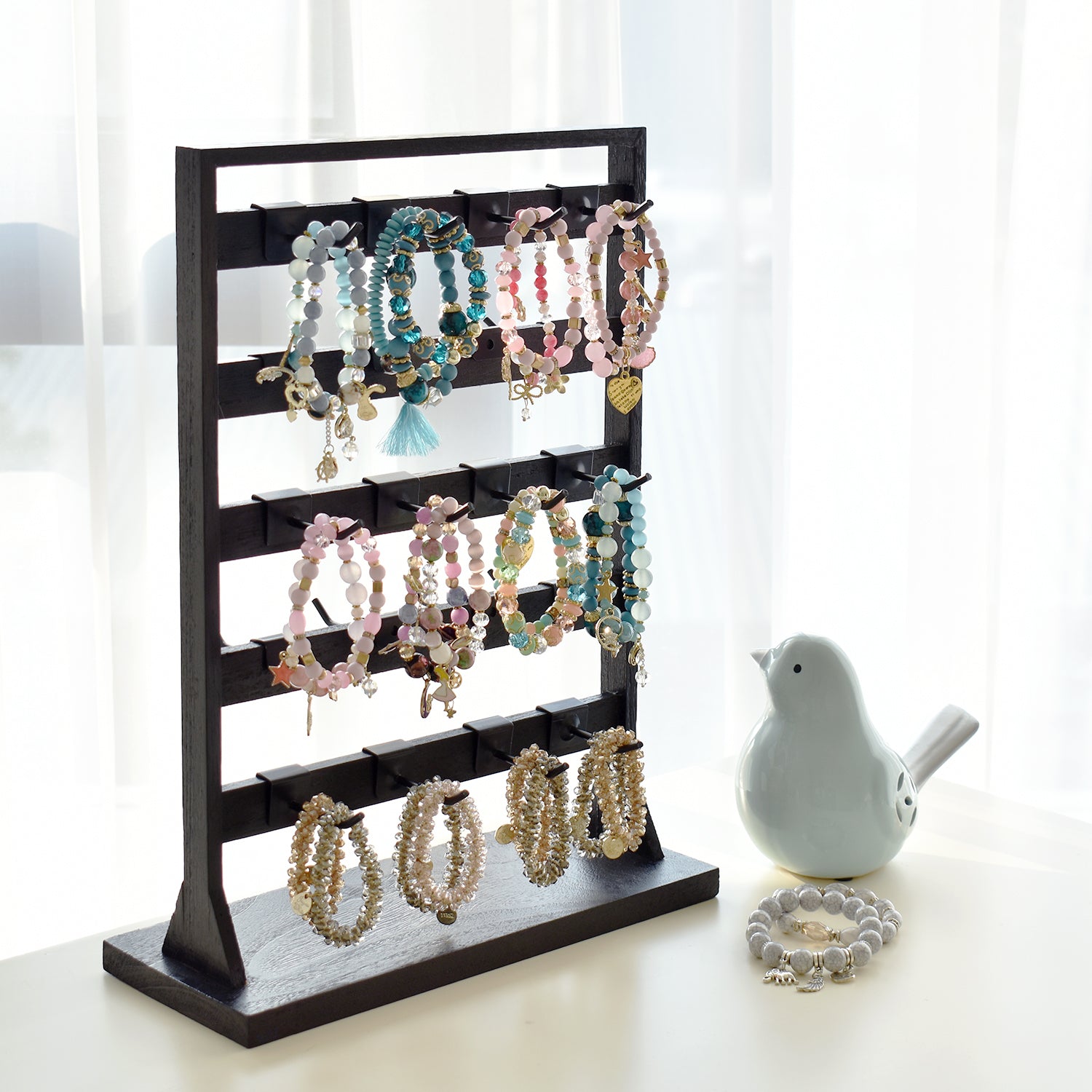  Ikee Design Wooden Jewelry Display Rack with 20 Removable Metal  Hooks, Earring Card Display Holder Stand with Hooks, Jewelry Tower for  Earring Cards, Necklaces, Keychains, Black Color : Clothing, Shoes 