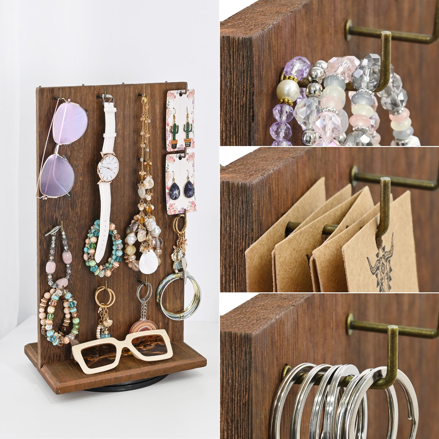 #WD5062L Two-Sided Wooden Jewelry Display Stand with 32 Hooks