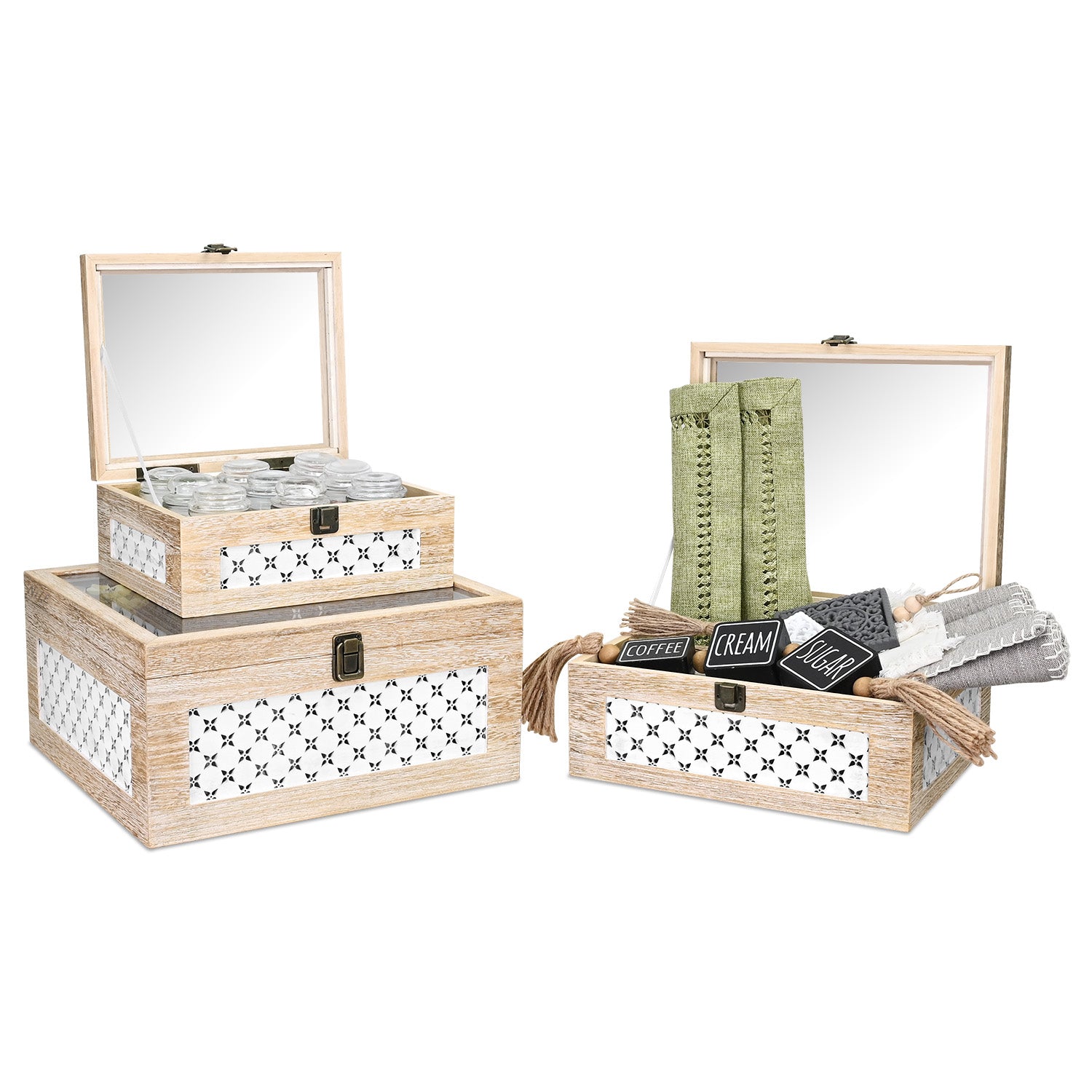  Set of 3 Stackable Wooden Decorative Boxes with Tempered Glass Hinged Lid, Farmhouse Storage 