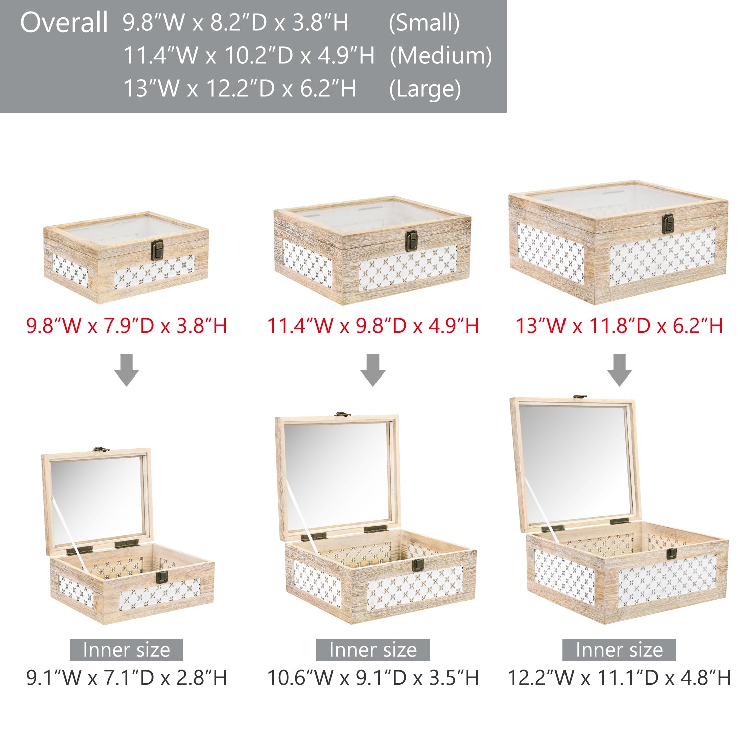  Set of 3 Stackable Wooden Decorative Boxes with Tempered Glass Hinged Lid, Farmhouse Storage 