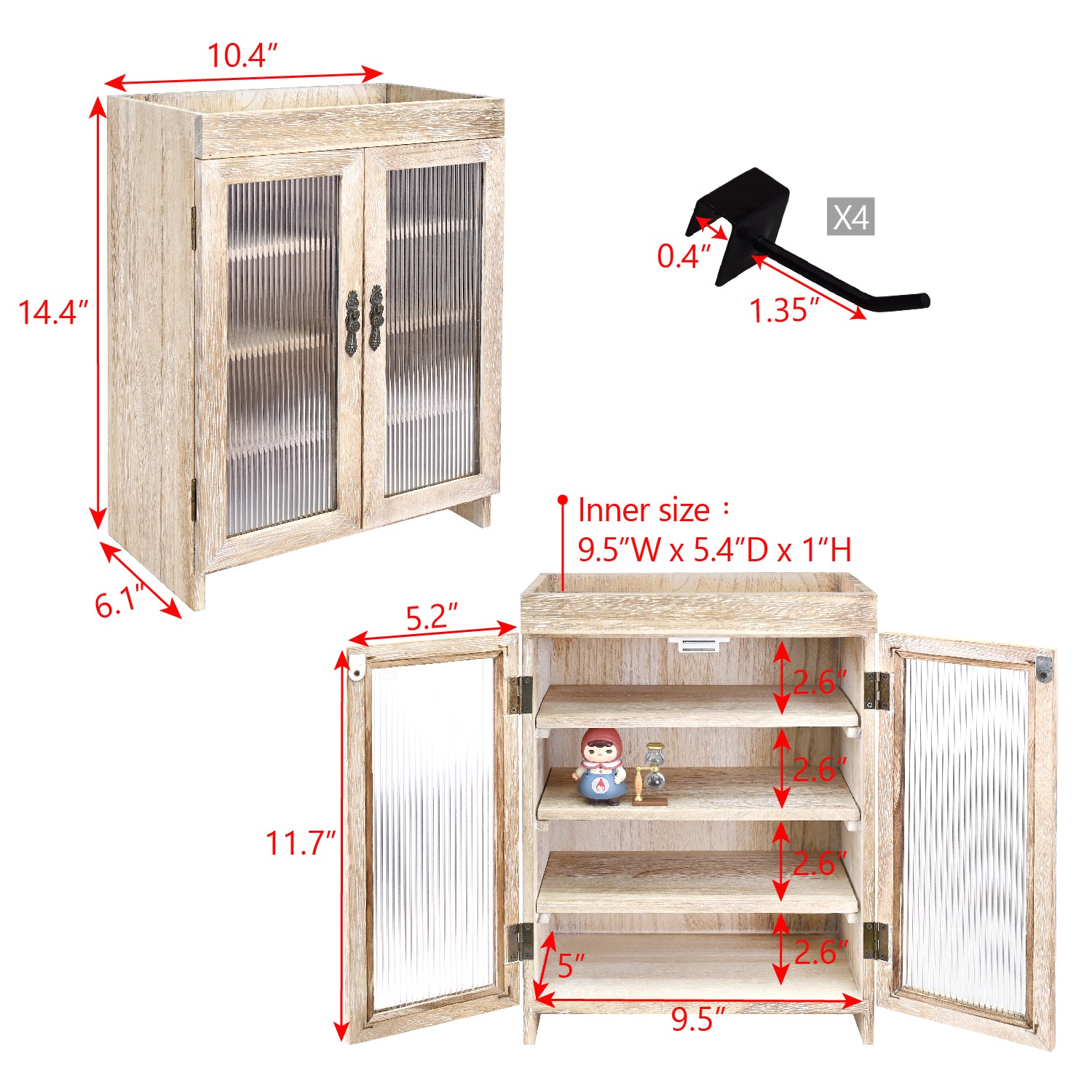 Wooden Countertop Storage Cabinet with Wavy Magnetic Door, Adjustable Shelves, Removable Hooks