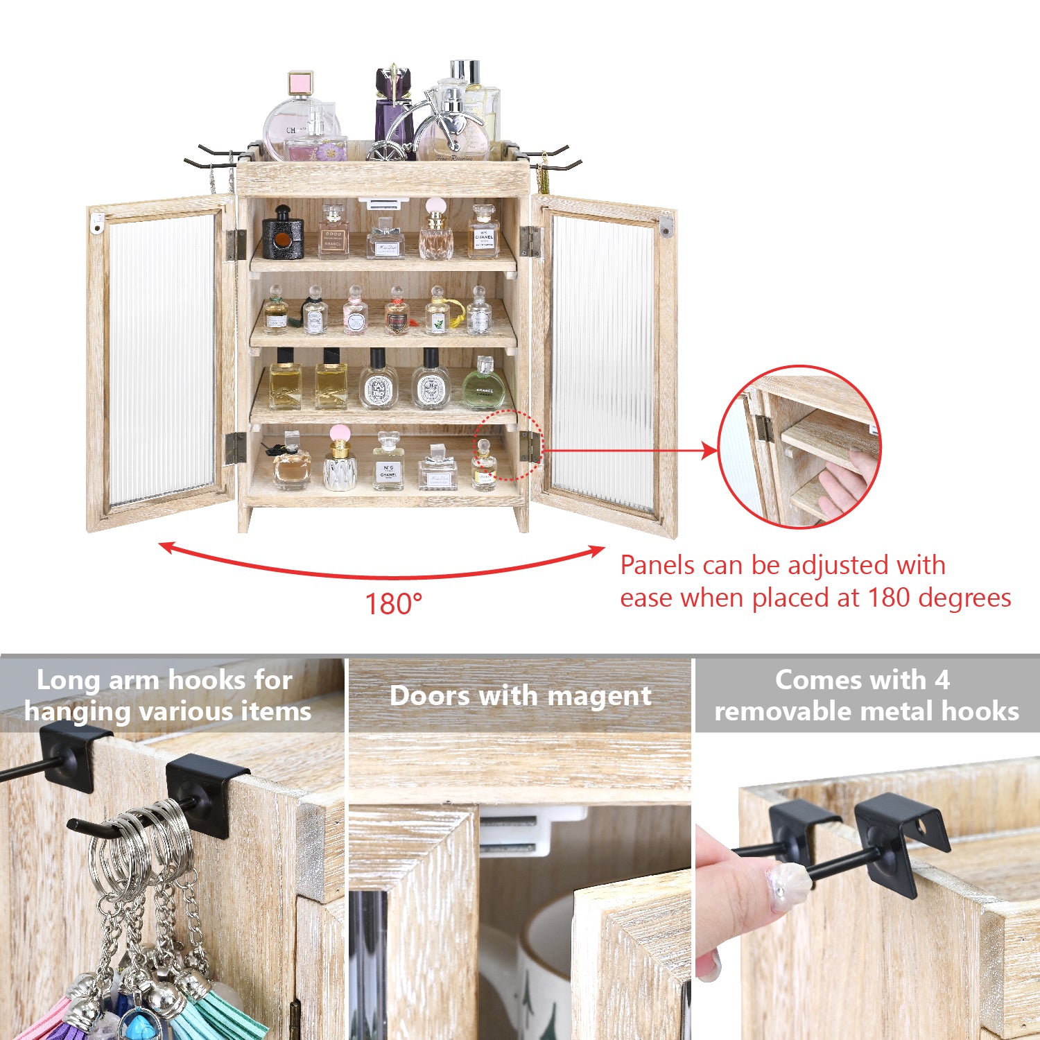 Wooden Countertop Storage Cabinet with Wavy Magnetic Door, Adjustable Shelves, Removable Hooks