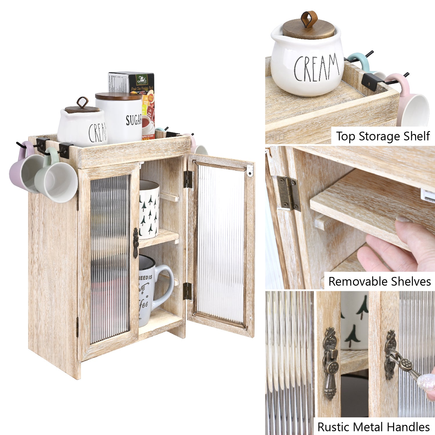 Wooden Countertop Storage Cabinet with Wavy Magnetic Door, Adjustable Shelves, Removable Hooks