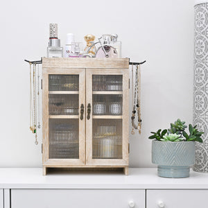 Wooden Countertop Storage Cabinet with Wavy Magnetic Door, Adjustable Shelves, Removable Hooks