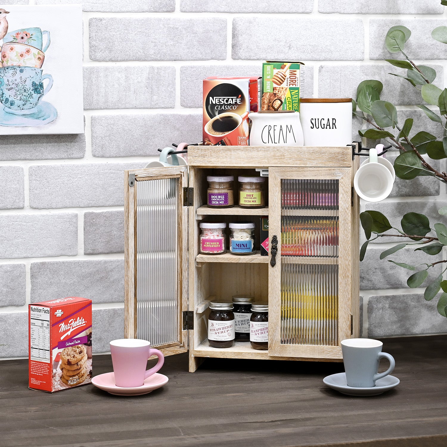 Wooden Countertop Storage Cabinet with Wavy Magnetic Door, Adjustable Shelves, Removable Hooks