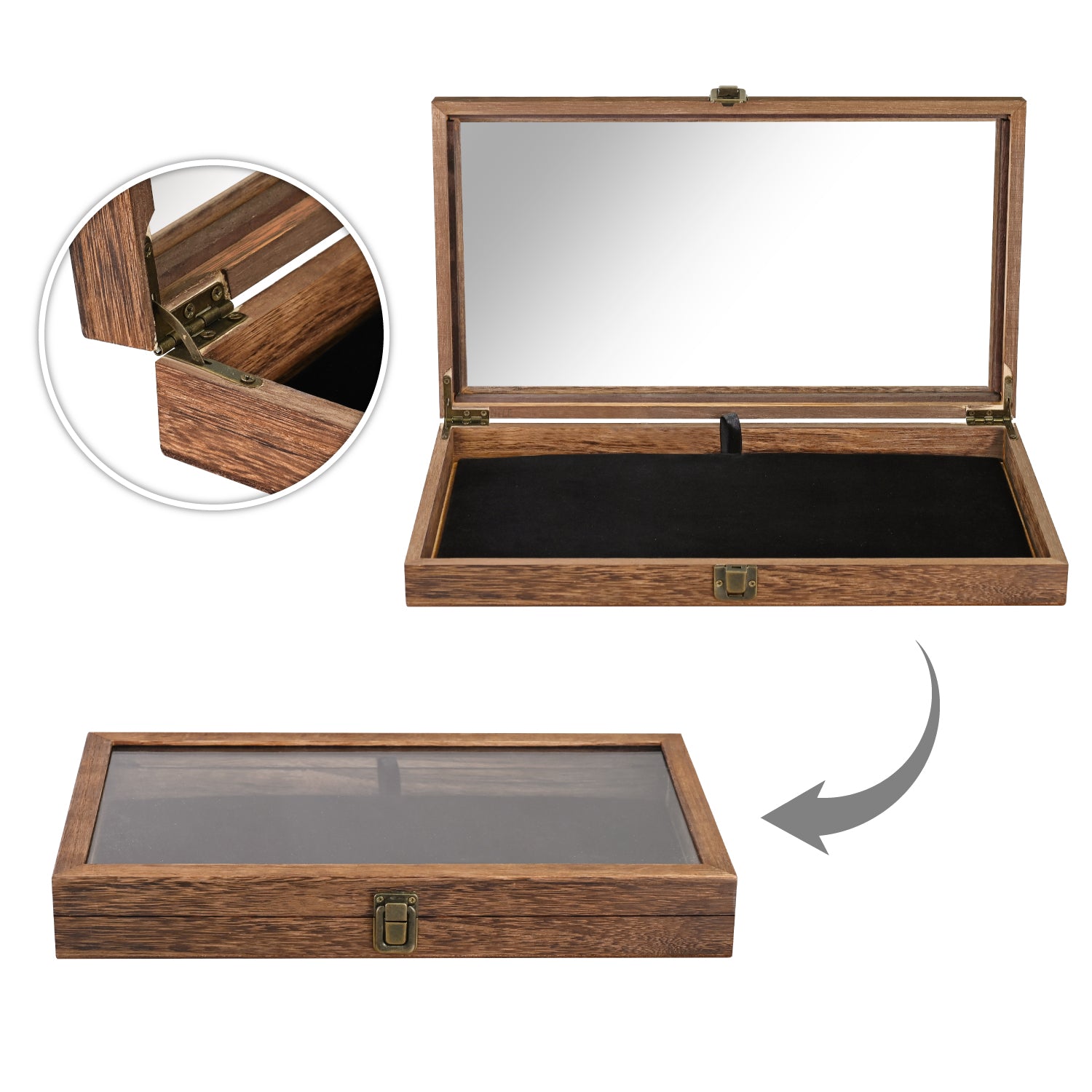 Crafted Wooden Jewelry Display Case Tempered Glass Hinge Lid