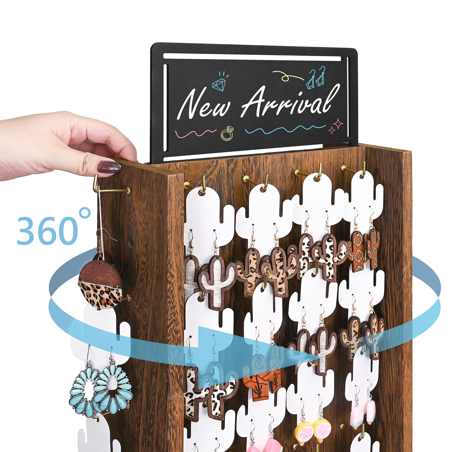 Ikee Design® Wooden Rotating Jewelry Display Stand with 40 Metal Hooks, Earring Display for Vendors