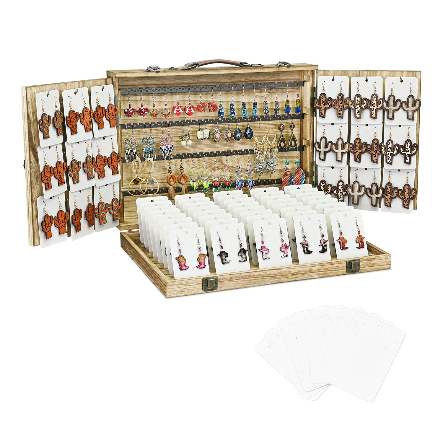 Portable Wooden Earring Display with 100pcs earring cards, Jewelry Display Case for Selling