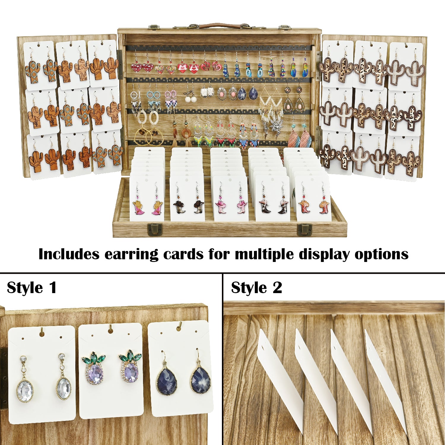 Portable Wooden Earring Display with 100pcs earring cards, Jewelry Display Case for Selling