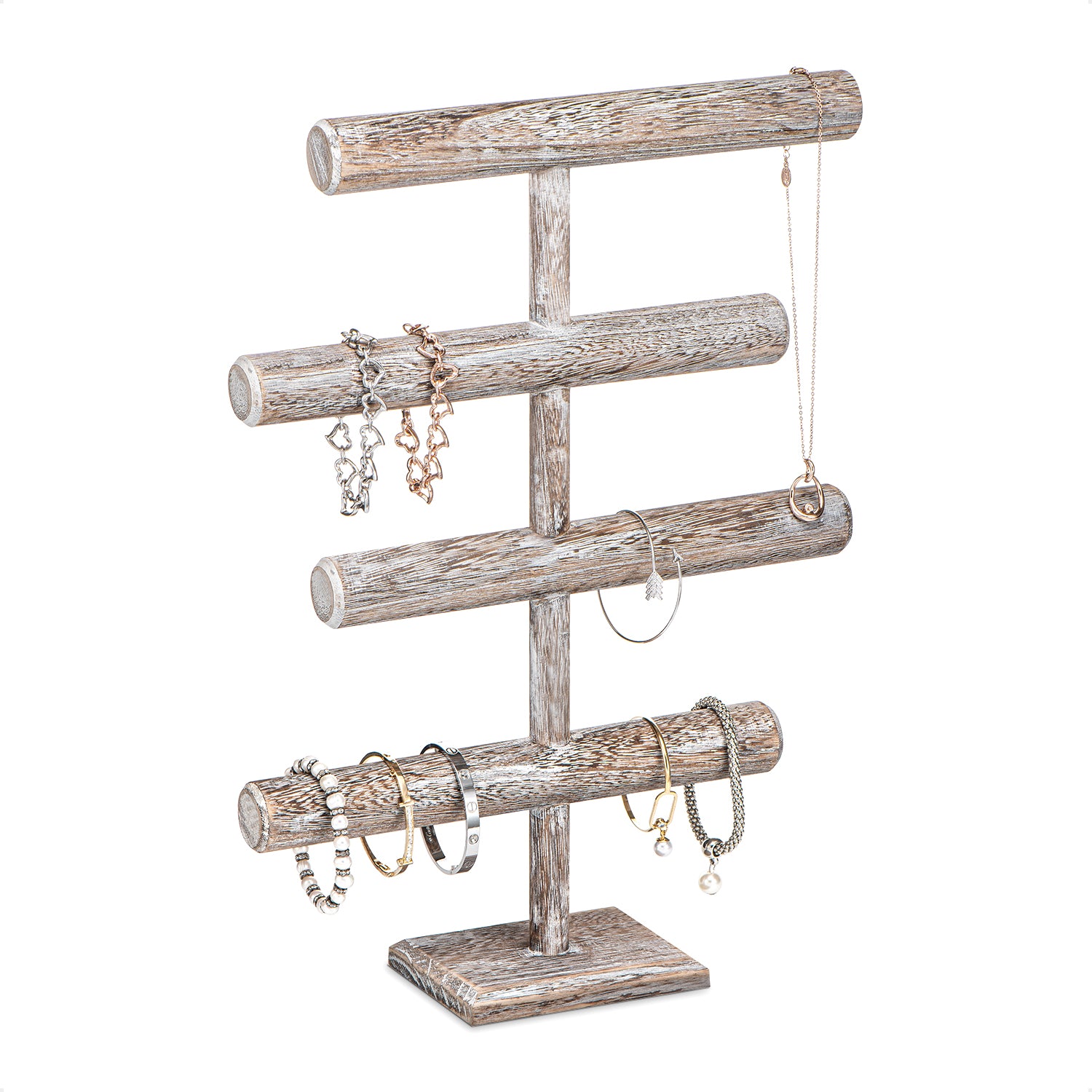 Rustic 2-Tier Jewelry Stand Organizer, Wooden T-Bar Necklace and