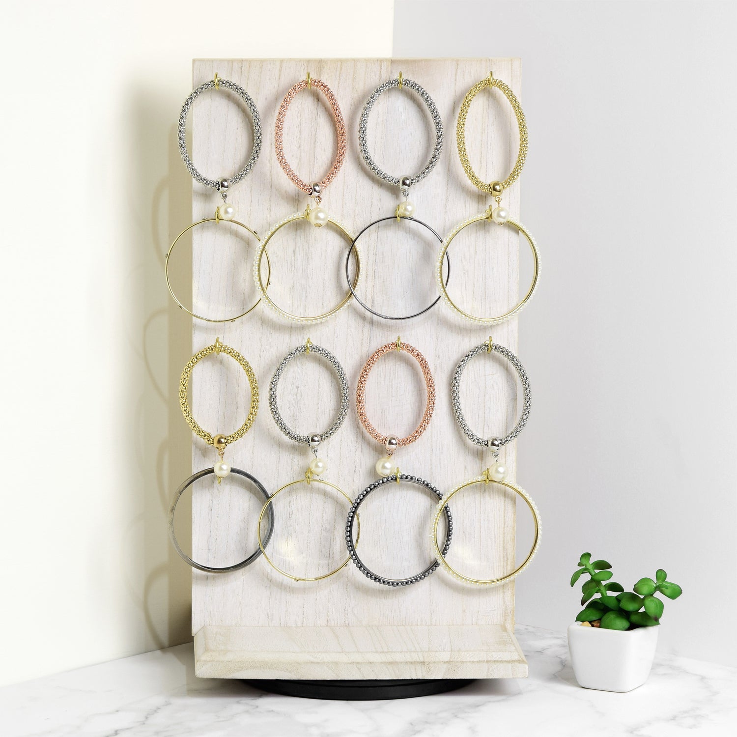 Fixturedisplays Wooden Rotating Two-Sided Jewelry Display Stand, Rotating Organizer with 32 Hooks for Store, Merchants at Shows, Earring Display with