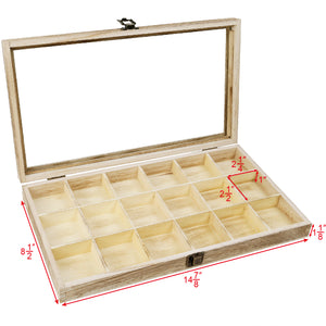 Wooden Jewelry Display Case with Tempered Glass Lid,18 Compartments Tray