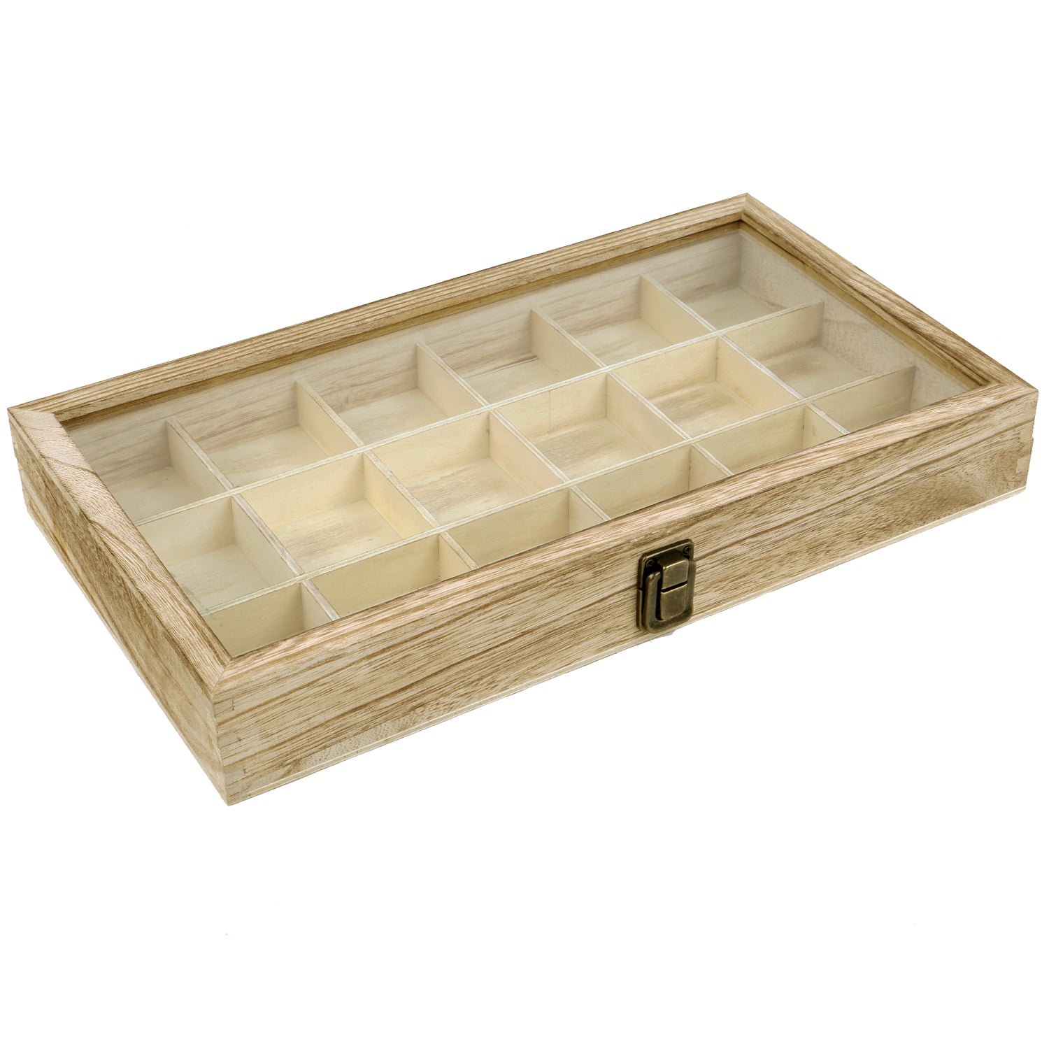 Wooden Jewelry Display Case with Tempered Glass Lid,18 Compartments Tray