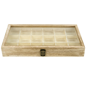 Wooden Jewelry Display Case with Tempered Glass Lid,18 Compartments Tray