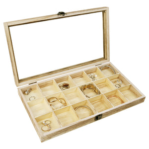 Wooden Jewelry Display Case with Tempered Glass Lid,18 Compartments Tray